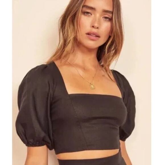 Reformation Tops - Reformation Yucca Black Linen Cropped Top Smocked Back Puff Sleeve Size 0